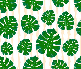 Monstera seamless pattern. Print with leaves. Design of textiles and fabrics. Trendy palm leaves on a abstract background.