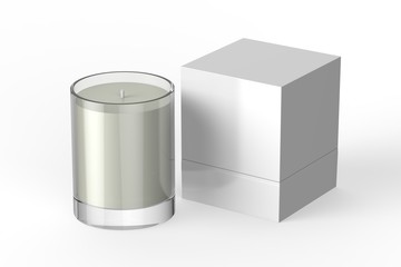 Votive candle with box, mock up template on isolated white background, 3d illustration