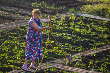 Woman watering the garden with a hose