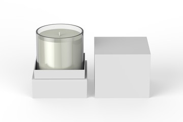 Votive candle with box, mock up template on isolated white background, 3d illustration