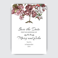 Hand drawn sketch wedding illustration peony flowers. Vector templete Save the date.