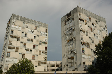Podgorica residential buildings/Socialist utilitarian residential buildings architecture in the capital city of Montenegro, Podgorica.