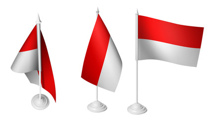 Isolated 3 Small Desk Indonesia Flag waving 3d Realistic Indonesian Desk Flag