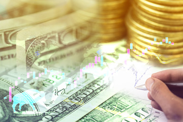 Bullish market of the stock world with US dollars banknote and coins