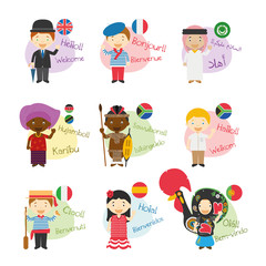 Vector illustration set of cartoon characters saying hello and welcom in 9 languages spoken in Africa
