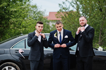 Groomsmen and bridesmaids posing outdoors next to the car.