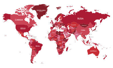 Obraz premium Political World Map vector illustration with different tones of red for each country and country names in spanish. Editable and clearly labeled layers.