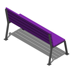 Фиолетовая уличная скамейка из деревянных реек на металлических опорах, векторный изометрический рисунок на белом фоне с тенью, вид сзади