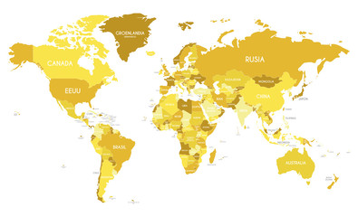 Political World Map vector illustration with different tones of yellow for each country and country names in spanish. Editable and clearly labeled layers.