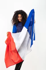 Tableau sur plexiglas Football Portrait d'une jeune supportrice de l'équipe de France de football portant un chapeau , des lunettes tricolore et une écharpe de son équipe   © Warpedgalerie