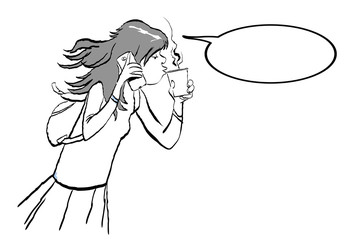 Teenager holding a phone and a cup of coffee. Girl speaking by a phone and drinking a coffee