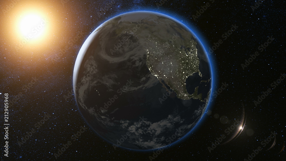 Wall mural space view on planet earth and sun star rotating on its axis in black universe. seamless loop with d