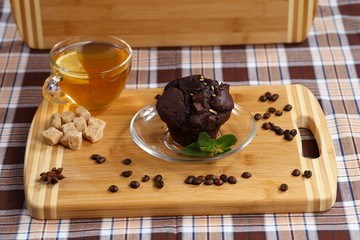 chocolate cake and tea with lemon 