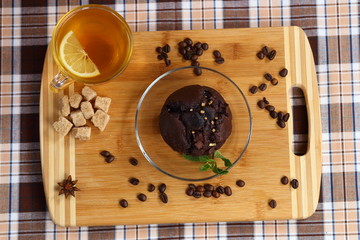 chocolate cake and tea with lemon 