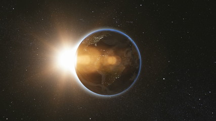 Space view on Planet Earth and Sun Star rotating on its axis in black Universe. Seamless loop with day and night city lights change. Astronomy and science concept. Elements of image furnished by NASA