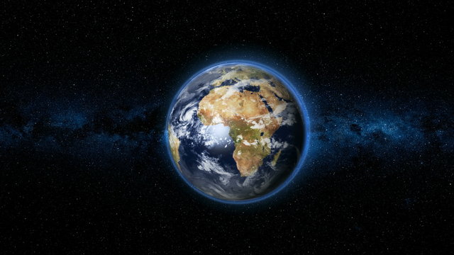 Realistic Earth Planet, rotating on its axis in space against the background of the Milky Way star sky. Astronomy and science concept. Continents and oceans. Elements of image furnished by NASA