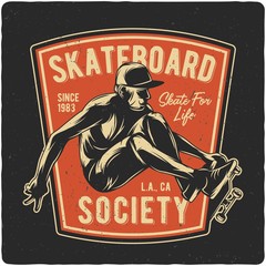 T-shirt or poster design with hand drawn illustration of boy flying on skateboard © Oleg