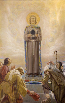 REGGIO EMILIA, ITALY - APRIL 12, 2018: The painting of king of France Louis IX as the patron of Franciscan Tertiaries by Dario Gobbi (1936).