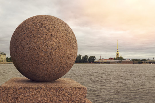 A View Of The Peter And Paul Fortress And A Granite Ball On The Spit Of Vasilyevsky Island, St. Petersburg