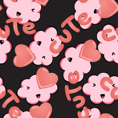 Vector seamless pattern with kawai pink clouds, hearts and inscription Cute on a black background. Cute backdrop for your design.