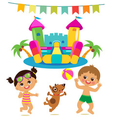 Jumping Kids And Dog And Bouncy Castle Vector Set. Cartoon Illustrations On A White Background. Bouncy Castle And Funny Boy And Girl On The Beach. Summer Vacations Vector Set.