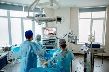 Back view of surgeons team looks at monitors while preforming operation in hospital operating theater, male surgeon operating patient working with surgical laparoscopy instruments. Gynecology. - obrazy, fototapety, plakaty