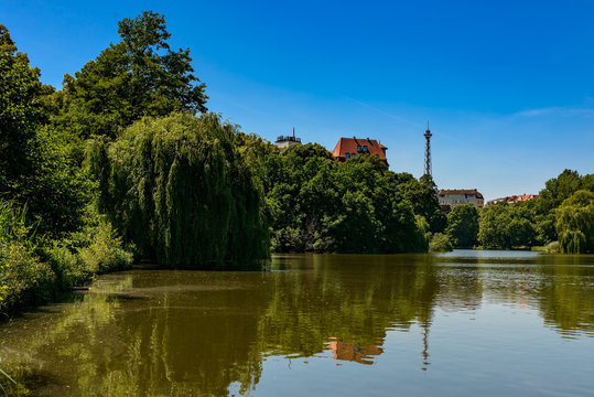Der nördliche Teil des Lietzensees in Berlin-Charlottenburg, Blick vom östlichen Ufer. Im Hintergrund der denkmalgeschützte Berliner Funkturm