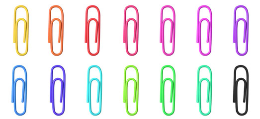 Colorful paper clips isolated on white background with clipping path, close up. Yellow, orange, red, pink, violet, blue, green and black paperclips
