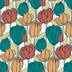 seamless vector colorful retro pattern with hand drawn tulip flowers. design for textile, interior, packaging