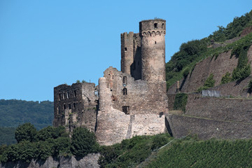 Fototapeta na wymiar Ehrenfels castle ruins on the Rhine near Rüdesheim opposite Bingen on the Rhine river, Hesse, Germany
