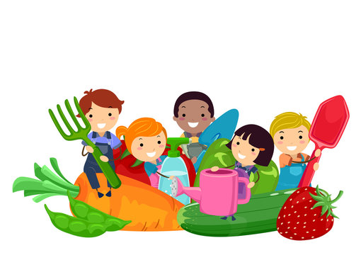 Stickman Kids Vegetables Garden Tools Illustration