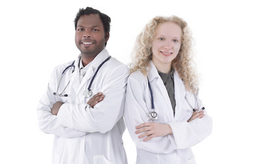 Fototapeta premium Full body portrait of two happy smiling young medical people,