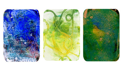 Set of bright abstract textures. Colorful handmade backgrounds with imprints, stains, scuffed areas.