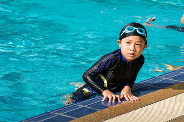 The boy swimming in the pool, The boy looking , Training concepts