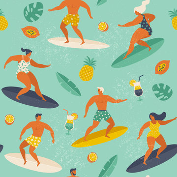 Summer beach seamless pattern in vector. Surf illustration in retro style.