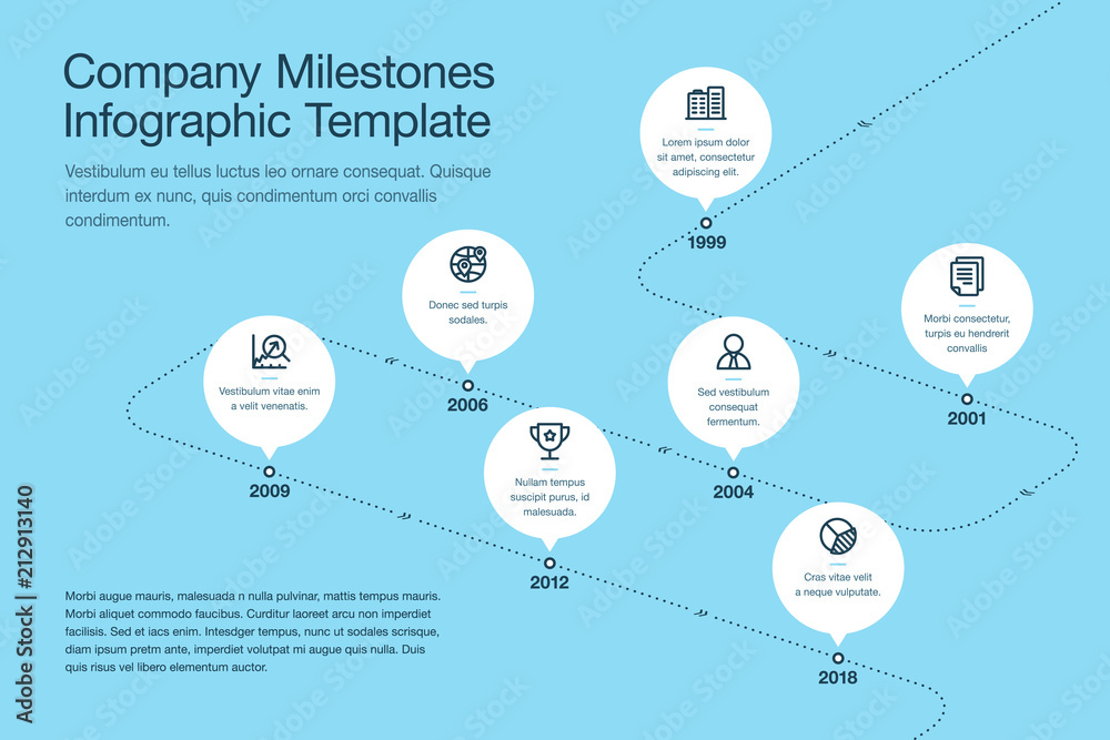 Aufkleber Simple visualization for company milestones timeline template with white circles and stroke icons on a curved road line - blue version. Easy to use for your website or presentation.