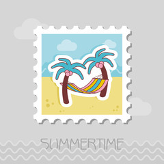 Hammock with palm trees on beach stamp. Vacation