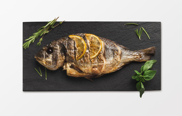 Whole grilled dorado on slate, isolated