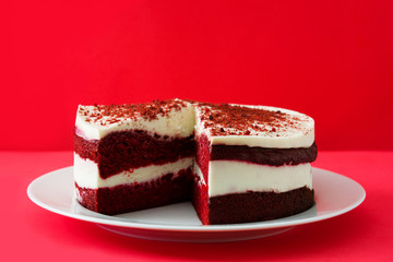 Red Velvet cake on red background