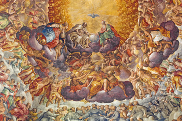 PARMA, ITALY - APRIL 16, 2018: Fresco of Holy Trinity and saints in the glory in cupola of Chiesa...