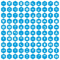 100 honeymoon icons set in blue hexagon isolated vector illustration