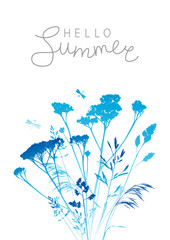 Summer background with blue herbal silhouettes