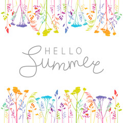 Summer background with rainbow herbal silhouettes