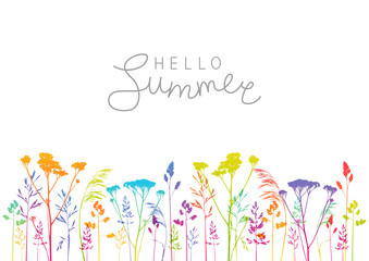 Summer background with rainbow herbal silhouettes