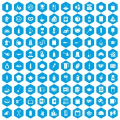 Fototapeta na wymiar 100 kitchen icons set in blue hexagon isolated vector illustration