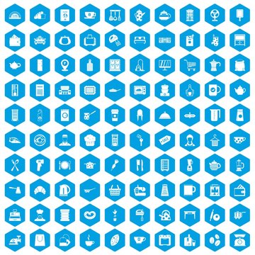 100 kitchen utensils icons set in blue hexagon isolated vector illustration