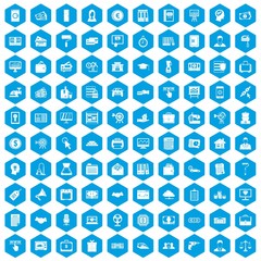 100 lending icons set in blue hexagon isolated vector illustration