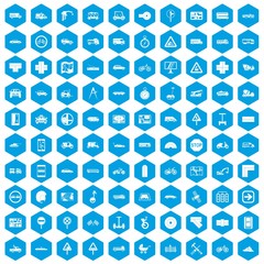 Fototapeta na wymiar 100 location icons set in blue hexagon isolated vector illustration