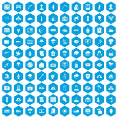 100 natural disasters icons set in blue hexagon isolated vector illustration