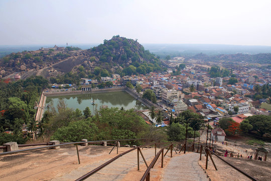 View of Chandragiri Hill and Shravanbelgola town from Vindhyagiri Hill, Shravanbelgola, Karnataka.